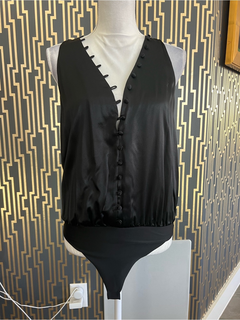 Cami NYC Black Satin V-Neck Button-Front Bodysuit
